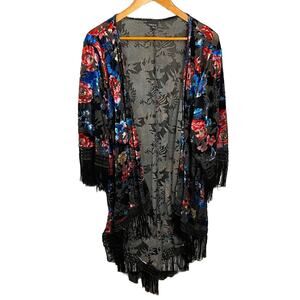 Torrid Black Velvet Burnout Size 2/3 2X/3X Floral Kimono Tassel Open Cardigan